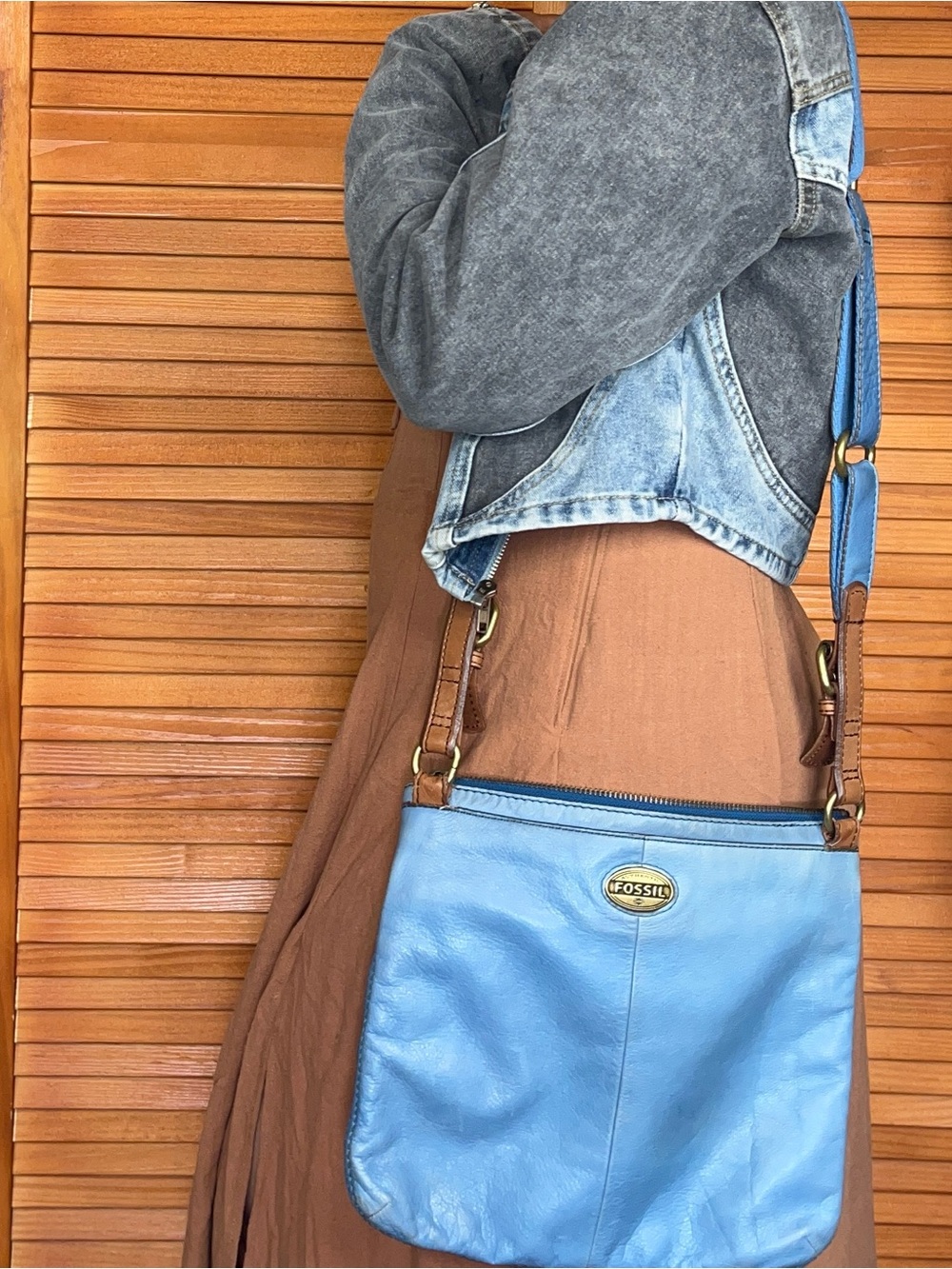 Fossil Light Blue Leather Crossbody Bag with Brown Trim